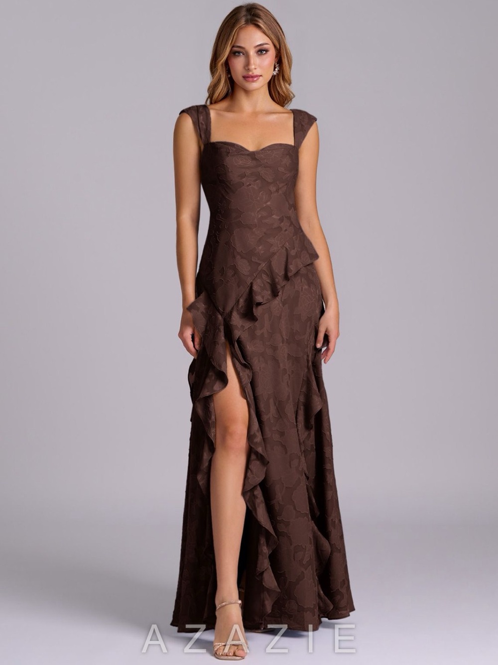 Azazie Brown Ruffle Maxi Dress